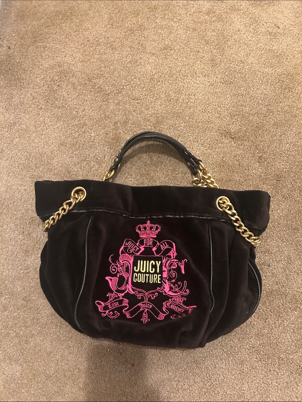 Juicy Couture Black Velvet Tote with Pink Logo and Gold Chain Handles